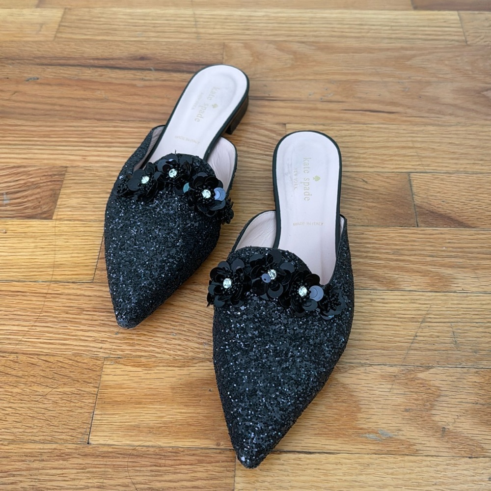 Black sparkly, embellished, Kate Spade mules, size 8.5